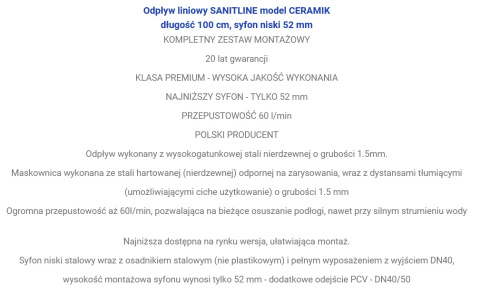 Odpływ liniowy SANITLINE model CERAMIK 100 cm niski syfon 52 mm