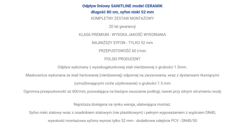 Odpływ liniowy SANITLINE model CERAMIK 80 cm niski syfon 52 mm